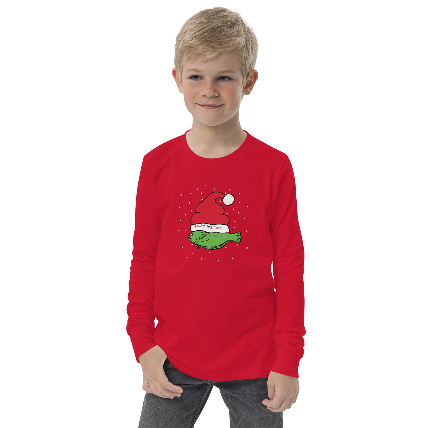 Christmas Flounder Kids -  Long Sleeve Tee Red