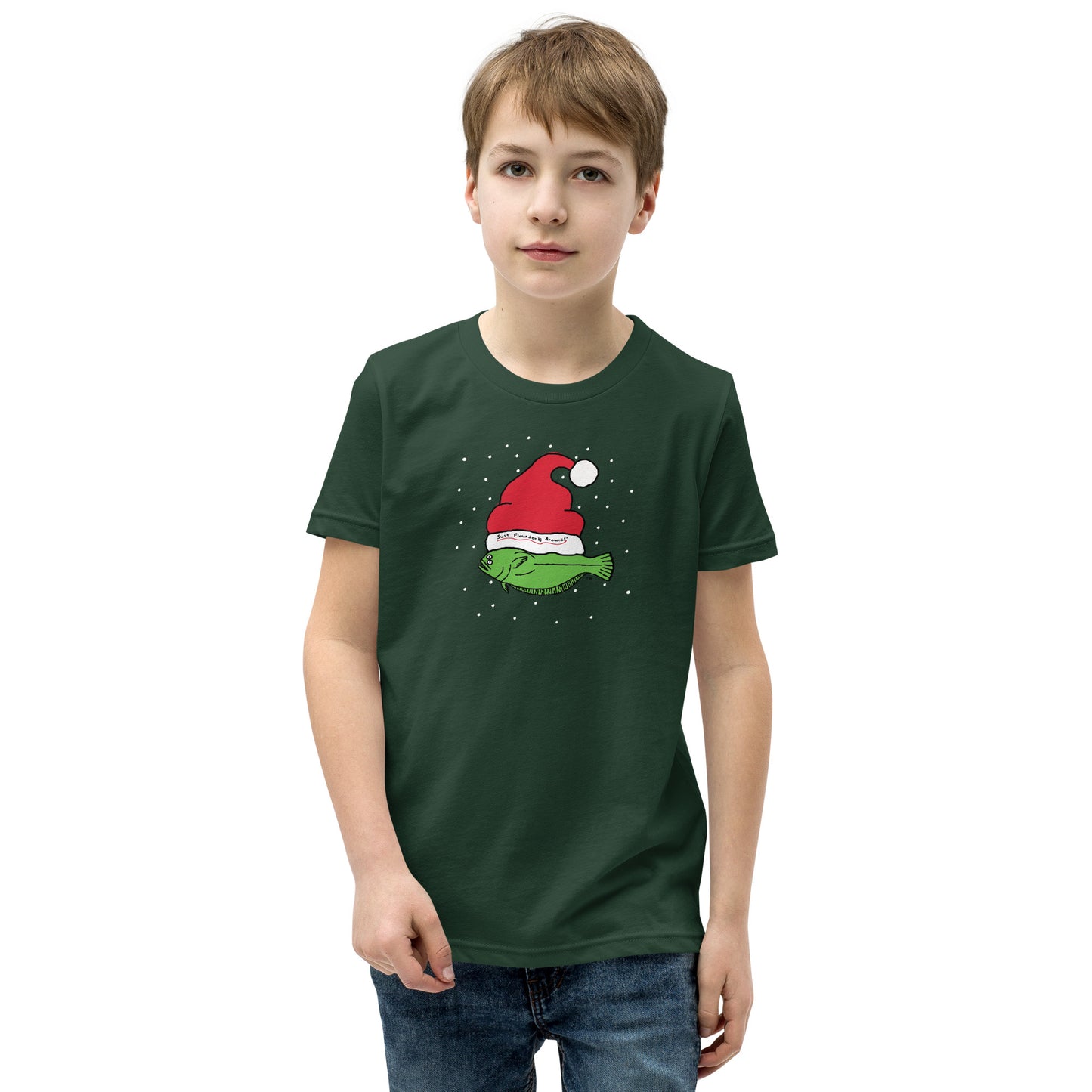 Christmas Time Flounder Kids - Short Sleeve T-Shirt Forest Green